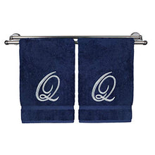 Load image into Gallery viewer, Monogrammed Hand Towel, Personalized Gift, 16 x 30 Inches - Set of 2 - Silver Embroidered Towel - Extra Absorbent 100% Turkish Cotton- Soft Terry Finish - for Bathroom, Kitchen and Spa- Script Q Navy
