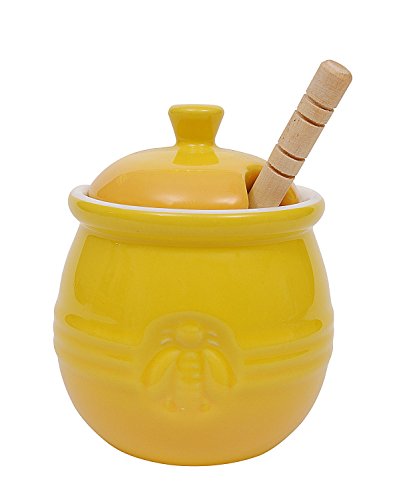 Creative Co Op Da4177 Pot With Lid & Wood Honey Dipper, 3. 5 Lx3. 5 Wx4. 25 H Inches, Yellow