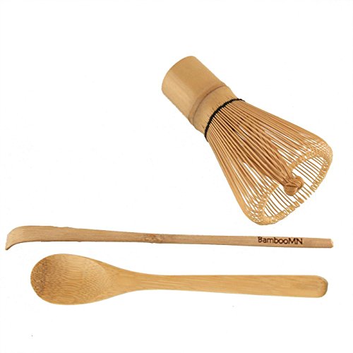 BambooMN Matcha Whisk Set - Golden Chasen (Tea Whisk), Chashaku (Hooked Bamboo Scoop), Tea Spoon - 2 Sets