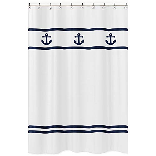 Sweet Jojo Designs Anchors Away Nautical Navy and White Kids Bathroom Fabric Bath Shower Curtain
