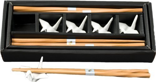 JapanBargain 3656, Set of 5 Reusable Bamboo Chopsticks Porcelain Crane Chopsticks Rest Gift Set, White