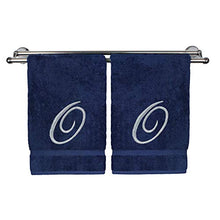 Load image into Gallery viewer, Monogrammed Hand Towel, Personalized Gift, 16 x 30 Inches - Set of 2 - Silver Embroidered Towel - Extra Absorbent 100% Turkish Cotton- Soft Terry Finish - for Bathroom, Kitchen and Spa- Script O Navy
