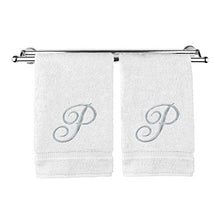 Load image into Gallery viewer, Monogrammed Hand Towel, Personalized Gift, 16 x 30 Inches - Set of 2 - Silver Embroidered Towel - Extra Absorbent 100% Turkish Cotton- Soft Terry Finish - For Bathroom, Kitchen and Spa- Script P White
