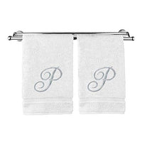 Monogrammed Hand Towel, Personalized Gift, 16 x 30 Inches - Set of 2 - Silver Embroidered Towel - Extra Absorbent 100% Turkish Cotton- Soft Terry Finish - For Bathroom, Kitchen and Spa- Script P White