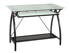 Load image into Gallery viewer, OSP Home Furnishings Newport Computer Desk with Frosted Tempered Glass Top, Pullout Keyboard Tray, and Black Powder Coated Steel Frame
