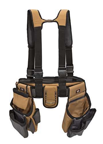 Dickies Work Gear - 4-Piece Carpenter's Rig - 57023 - Tool Belt Suspenders - Cooling Mesh - Padded Suspenders - Steel Buckle - Leather Tool Belt - Grey/Tan - 3.8 lb.