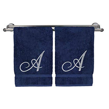 Load image into Gallery viewer, Monogrammed Hand Towel, Personalized Gift, 16 x 30 Inches - Set of 2 - Silver Embroidered Towel - Extra Absorbent 100% Turkish Cotton- Soft Terry Finish - for Bathroom, Kitchen and Spa- Script A Navy
