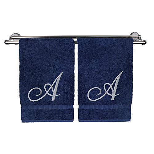 Monogrammed Hand Towel, Personalized Gift, 16 x 30 Inches - Set of 2 - Silver Embroidered Towel - Extra Absorbent 100% Turkish Cotton- Soft Terry Finish - for Bathroom, Kitchen and Spa- Script A Navy