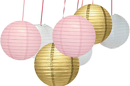 Fourth of July Party Round Lantern Hanging Decoration (7Piece), White/Pink/Gold