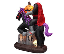 Load image into Gallery viewer, 6.5 Foot Tall Lighted Halloween Inflatable Headless Horseman with Horse Tombstones Skull and Pumpkin Lights
