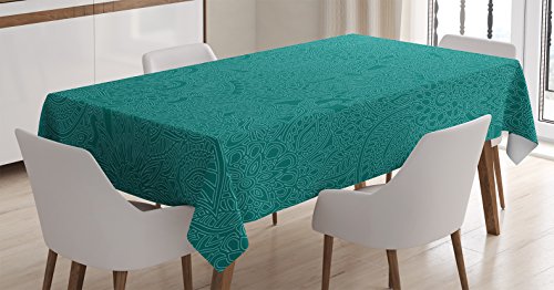 Ambesonne Teal Tablecloth, Abstract Huge Flowers with Paisley Pattern Flourishes Traditional Ornate Doodle Art Print, Rectangular Table Cover for Dining Room Kitchen Decor, 60