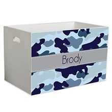 Load image into Gallery viewer, MyBambino Personalized Blue Camo Childrens Nursery White Open Toy Box Camoflauge
