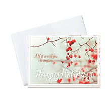 Load image into Gallery viewer, Holiday Greeting Cards - H7049. Business Greeting Card with Holly Berries in Winter. Box Set Has 25 Greeting Cards and 26 White with Red Foil Lined Envelopes.
