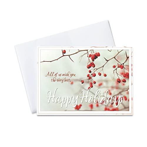 Holiday Greeting Cards - H7049. Business Greeting Card with Holly Berries in Winter. Box Set Has 25 Greeting Cards and 26 White with Red Foil Lined Envelopes.