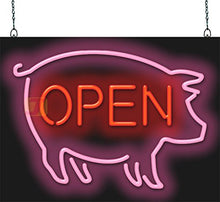 Load image into Gallery viewer, Pig Open Neon Sign - 24&quot; Wide x 18&quot; high - Real, Quality Hand Bent Neon - Bright Red Letters with a Pink Pig Graphic
