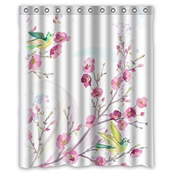 Fashion Design Waterproof Polyester Fabric Bathroom Shower Curtain Standard Size 60(w)x72(h) with Shower Rings - Beautiful Birds and Flowers