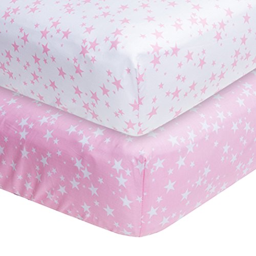 Fitted Crib Sheet 2 Pack 100% Woven Cotton Fits Toddler Mattress Pink Stars by Frenchie Mini Couture