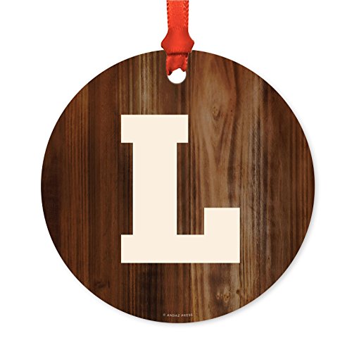 Andaz Press Family Metal Christmas Ornament, Monogram Letter L, Rustic Wood, 1-Pack, Includes Ribbon and Gift Bag