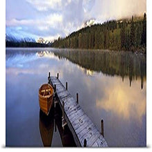 Load image into Gallery viewer, GREATBIGCANVAS Entitled Boat moored at a pier, Hector Lake, Mt John Laurie, Rocky Mountains, Kananaskis Country, Calgary, Alberta, Canada Poster Print, 90&quot; x 30&quot;, Multicolor
