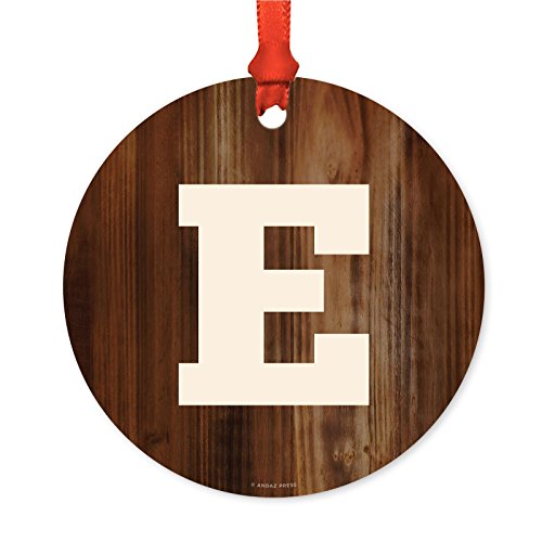 Andaz Press Family Metal Christmas Ornament, Monogram Letter E, Rustic Wood, 1-Pack, Includes Ribbon and Gift Bag