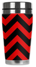 Load image into Gallery viewer, Mugzie brand Travel Mug with Insulated Wetsuit Cover - Red Chevron
