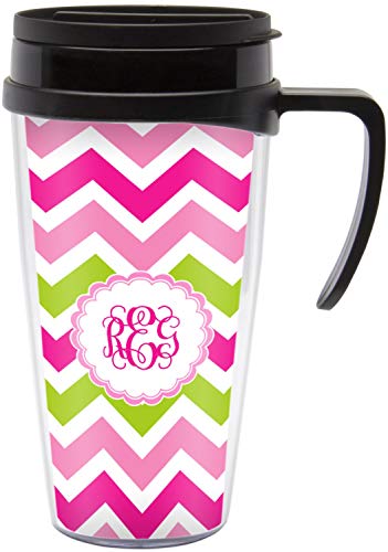 Pink & Green Chevron Acrylic Travel Mug with Handle (Personalized)