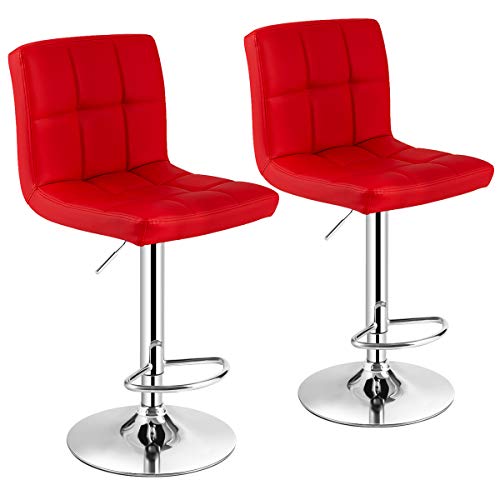 COSTWAY Bar Stool, Comfortable Swivel Adjustable PU Leather Bar Chair with Backrest, Soft Cushioned Seat, Footrest, Sturdy Metal Frame, Barstools for Kitchen, Pub (Red, Set of 2)