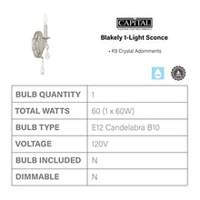 Load image into Gallery viewer, Capital Lighting 1616AS-CR Blakely K9 Crystal Wall Sconce, 1-Light 60 Watt, 16&quot;H x 5&quot;W, Antique Silver
