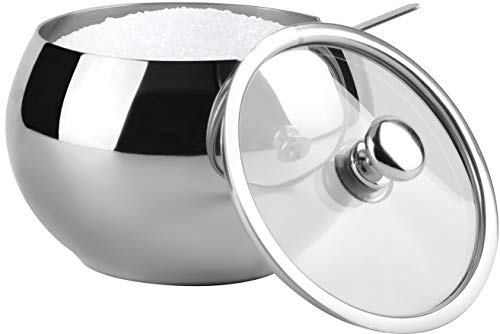Koo K Large Sugar Bowl, Stainless Steel With Glass Lid, Includes Stainless Steel Spoon, Holds 2 Cups