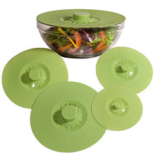 Load image into Gallery viewer, Silicone Bowl Lids Green Set of 5 Reusable Suction Seal Covers for Bowls, Pots, Cups. Food Safe. Natural grip, interlocking handles for easy use and storage.
