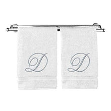 Load image into Gallery viewer, Monogrammed Hand Towel, Personalized Gift, 16 x 30 Inches - Set of 2 - Silver Embroidered Towel - Extra Absorbent 100% Turkish Cotton- Soft Terry Finish - For Bathroom, Kitchen and Spa- Script D White
