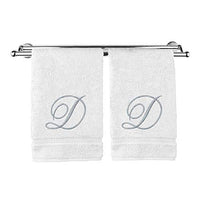 Monogrammed Hand Towel, Personalized Gift, 16 x 30 Inches - Set of 2 - Silver Embroidered Towel - Extra Absorbent 100% Turkish Cotton- Soft Terry Finish - For Bathroom, Kitchen and Spa- Script D White