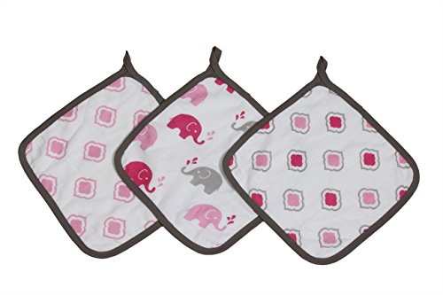 Bacati - Elephants Muslin Set of 3 Wash Cloths (Pink/Grey)