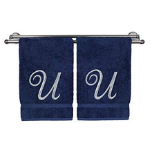Load image into Gallery viewer, Monogrammed Hand Towel, Personalized Gift, 16 x 30 Inches - Set of 2 - Silver Embroidered Towel - Extra Absorbent 100% Turkish Cotton- Soft Terry Finish - for Bathroom, Kitchen and Spa- Script U Navy
