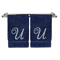 Monogrammed Hand Towel, Personalized Gift, 16 x 30 Inches - Set of 2 - Silver Embroidered Towel - Extra Absorbent 100% Turkish Cotton- Soft Terry Finish - for Bathroom, Kitchen and Spa- Script U Navy