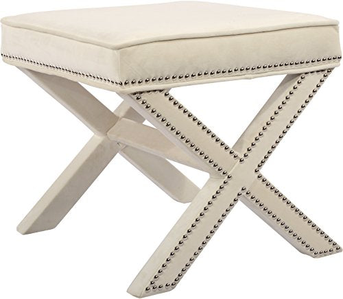 Meridian Furniture Nixon Collection Modern | Contemporary Velvet Upholstered Ottoman / Bench with X-Leg Design, Deep Button Tufting and a Solid Wood Frame Cream 20.5
