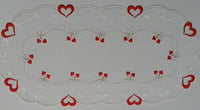 Valentine or Wedding Linen Doily with Bold Red Hearts and White Bow Accented with Gold Thread