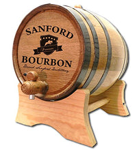 Load image into Gallery viewer, Personalized 2 Liter American Oak Whiskey Aging Barrel with Stand, Bung, and Spigot | Age Cocktails, Bourbon, Rum, Tequila, Beer, Wine and More! | Custom Laser Engraved Crest Design (B400)
