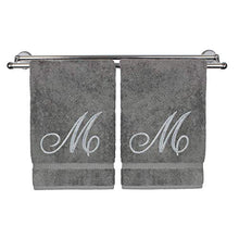Load image into Gallery viewer, Monogrammed Hand Towel, Personalized Gift, 16 x 30 Inches - Set of 2 - Silver Embroidered Towel - Extra Absorbent 100% Turkish Cotton- Soft Terry Finish - for Bathroom, Kitchen and Spa- Script M Gray
