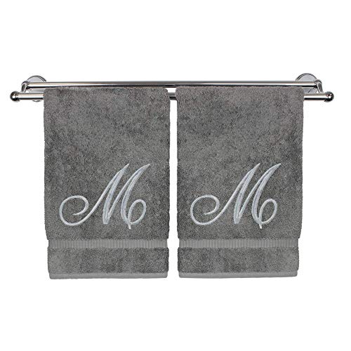 Monogrammed Hand Towel, Personalized Gift, 16 x 30 Inches - Set of 2 - Silver Embroidered Towel - Extra Absorbent 100% Turkish Cotton- Soft Terry Finish - for Bathroom, Kitchen and Spa- Script M Gray