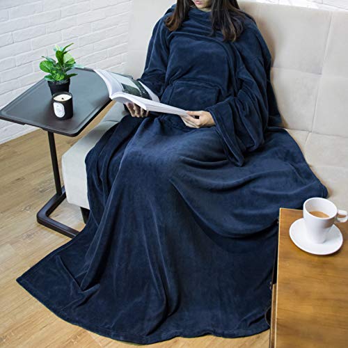 PAVILIA Premium Fleece Blanket with Sleeves for Adult, Women, Men | Warm, Cozy, Extra Soft, Microplush, Functional, Lightweight Wearable Throw (Navy, Regular Pocket)