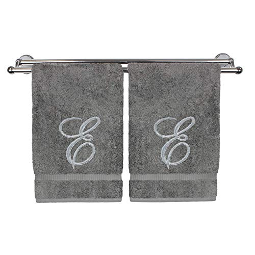 Monogrammed Hand Towel, Personalized Gift, 16 x 30 Inches - Set of 2 - Silver Embroidered Towel - Extra Absorbent 100% Turkish Cotton- Soft Terry Finish - for Bathroom, Kitchen and Spa- Script E Gray