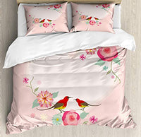Ambesonne Flowers Duvet Cover Set, Valentines Day Concept Pale Heart Shapes with Birds and Floral Ornaments, Decorative 3 Piece Bedding Set with 2 Pillow Shams, King Size, Blush Multicolor