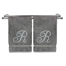 Load image into Gallery viewer, Monogrammed Hand Towel, Personalized Gift, 16 x 30 Inches - Set of 2 - Silver Embroidered Towel - Extra Absorbent 100% Turkish Cotton- Soft Terry Finish - for Bathroom, Kitchen and Spa- Script R Gray
