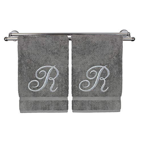 Monogrammed Hand Towel, Personalized Gift, 16 x 30 Inches - Set of 2 - Silver Embroidered Towel - Extra Absorbent 100% Turkish Cotton- Soft Terry Finish - for Bathroom, Kitchen and Spa- Script R Gray