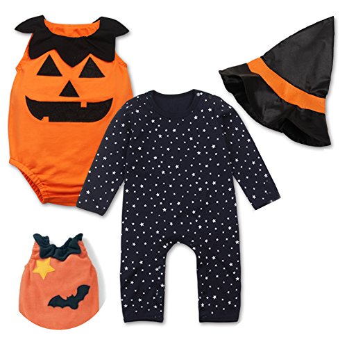 stylesilove Halloween Pumpkin Costume Pumpkin Vest, Romper and Hat 3-Piece (95/18-24 Months)
