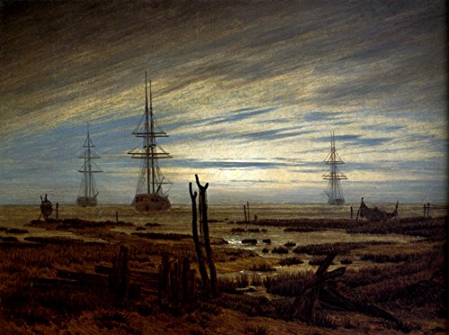 Ships at Anchar by Caspar David Friedrich. 100% Hand Painted. Oil On Canvas. High Quality Reproduction (Unframed and Unstretched). Painting Size 52x39 inch.