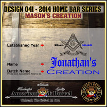 Load image into Gallery viewer, 1 Liter Personalized Mason&#39;s Creation American Oak Aging Barrel - Design 041
