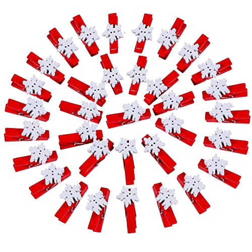 Souarts Pack of 50pcs Christmas Clips, Snowflake Red Wood Clothespins for Game Favors Craft, Wood Clips Set for Card Paper Photo Photography Activity (Red)