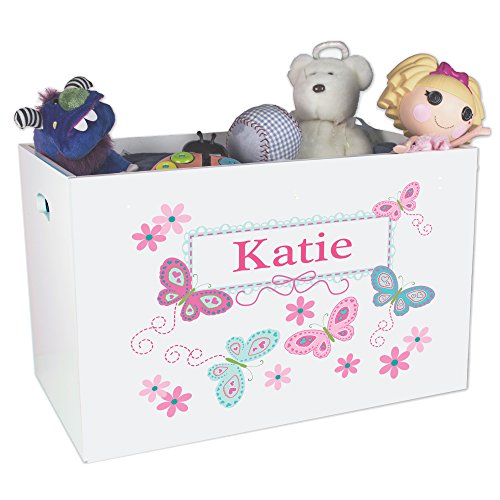 Personalized Open Toy Box with Aqua Butterflies Design